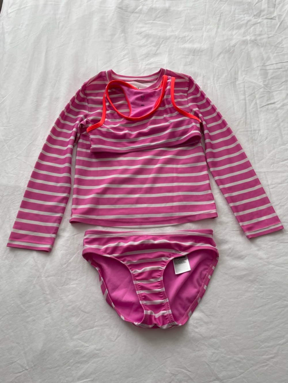 GAP Pink and White Striped Kids Rashguard Swim Set with Neon Orange Trim